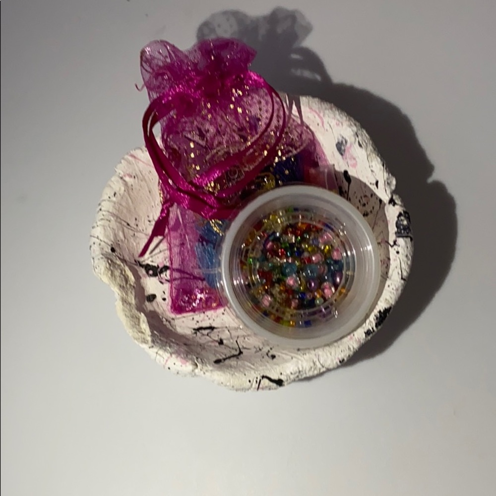 Jewelry, beads, spider paint bowl.